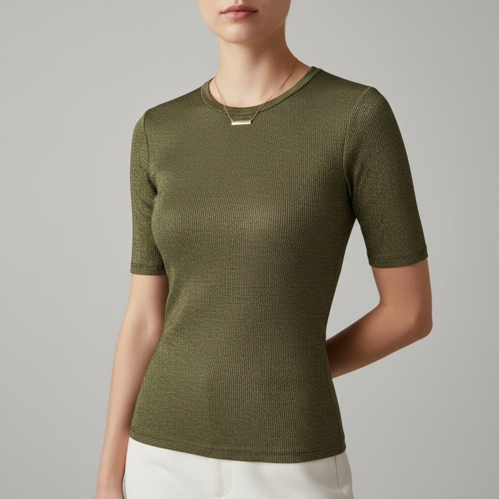 FOREVER 21 | Metallic Gold Knit Short Sleeve Fitted Top Sz S